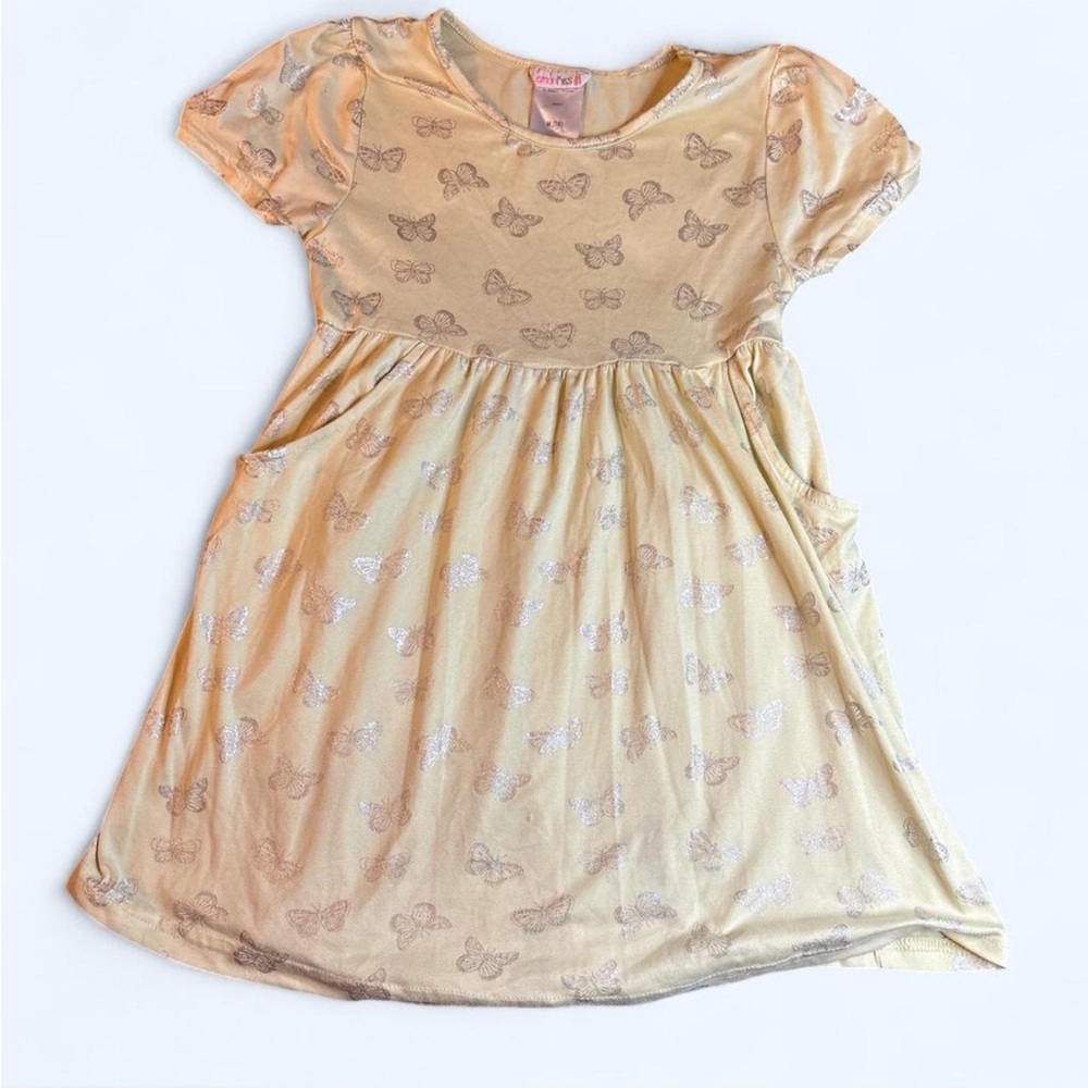 Lemon Kiss Girls' Yellow Butterfly Print Dress with Pockets